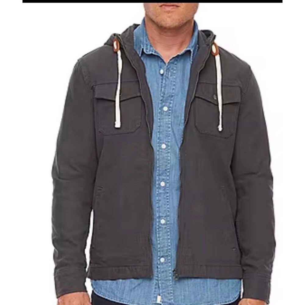 mutual weave Mens Midweight Shirt Jacket size L Long Sleeve 100% Cotton Hooded